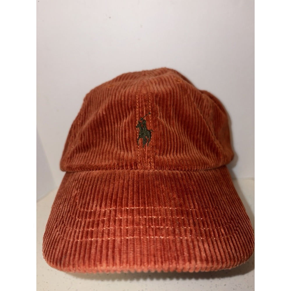 Orange Polo Ralph Lauren Corduroy baseball Cap with leather strap 1990s Vintage